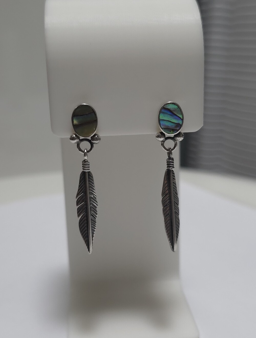 Vintage Southwestern Feather Dangle Earrings Abalone Sterling Silver Navajo